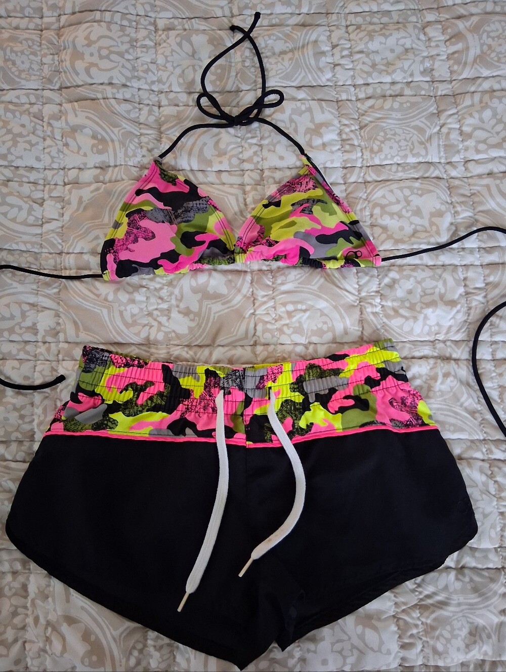 OP Neon Pink, Yellow & Black Camo Swim Shorts Set